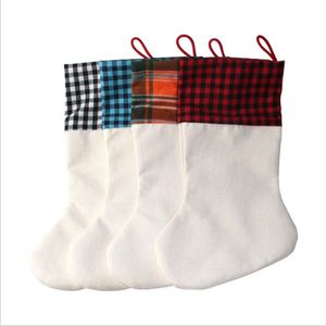 Sublimation Christmas Stocking Classic Plaid Stripes Sock Xmas Eve Room Decoration Santa Claus Gift Bag Festival Party Supply Ornaments for Family