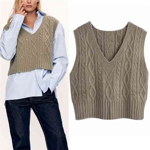 Vintage Cable Knit Sweater Vest Women Autumn V Neck Sleeveless Cropped Knitted Casual Fashion Ladies Sweatervest 210519