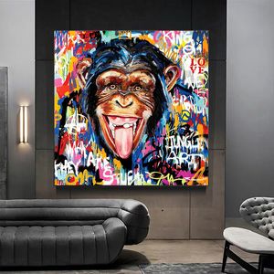 Graffiti grappige grote mond aap posters en prints dierlijke kunst canvas schilderijen muur kunst foto's voor woonkamer Woondecoratie Cuadros (geen frame)