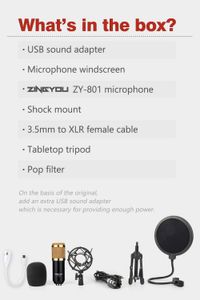 Microfone Desktop Set ZY-801 + Condensador Profissional Studio Cardioid PC Mic Bundle para gravação de estúdio