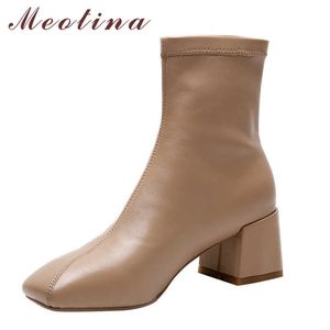 Meotina Ankle Boots Women Shoes Square Toe Block Heels Stretch Short Boots High Heel Female Boots Autumn Black Apricot Size 40 210608