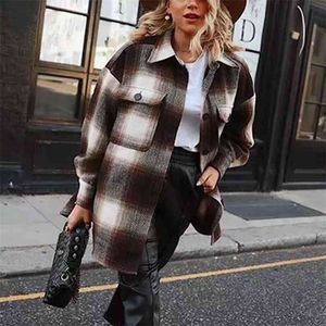 빈티지 여성 긴 소매 모직 코트 패션 숙 녀 두꺼운 격자 무늬 코트 여성 streetwear 우아한 여자 오버 사이즈 재킷 세련 된 210818