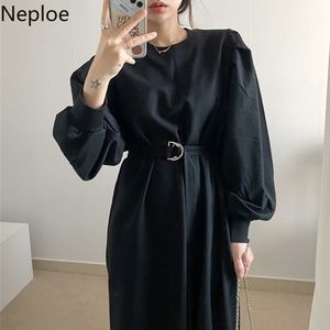 NEPLOE Elegancka kobieta Dress O-Neck Lampion Rękaw Vestidos Mujer Wiosna Koreański Chic Lace Up Slim Maxi Sukienki Odzież Dla Kobiet 210422
