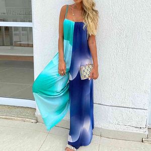 Summer Women Floral Loose Casual Jumpsuit Ladies Sleeveless Printed Bandage Long Wide Leg Pants Outfits 210521