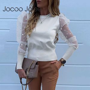 Jocoo Jolee Women Beading Mesh Blus Spring Long Sleeve Solid Pearl Pärled Design Puff Shirt Casual Elegant Office Tops 210619