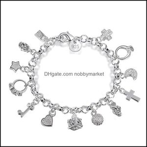 Charm Bransoletki Biżuteria Luksusowe 925 Sterling Sier Łańcuchy Klucz Krzyż Krzyż Pierścionki Star Moon Love Heart Lobster Zapięcie Bangle Dla Kobiet Mody DRO