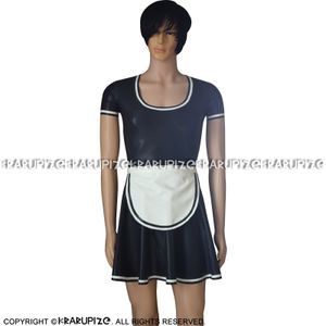 Wholesale uniform rubbers resale online - Black And White Short Sleeve Sexy French Maid Latex Dress With Apron Zipper At Back Rubber Uniform Bodycon Playsuit