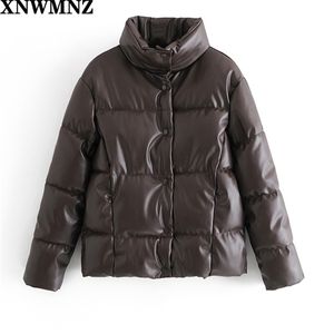 Kobiety Moda Faux Leather Puffer Jacket Panie Vintage Wysokiej szyi Długie Rękawy Przycisk Parkas Kobiet Chic Coats 210520