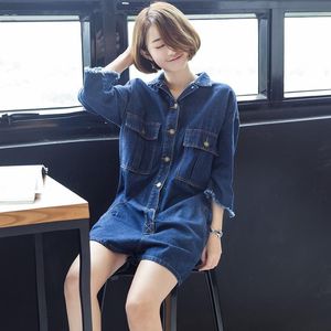 Kvinnors Jumpsuits Rompar Retro Kvinnor Dungarees Denim Jumpsuit 2021 Sommarfjäder Overells Shorts Mode Lös 3/4 Ärm Jean för damer