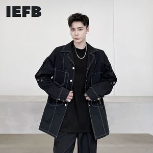 IEFB Frühling Offene Linie Dekorative Taille Kordelzug Tasche Koreanische Mittel Langer Mantel Für Männliche Kausalen Jacken 9Y4741 210524