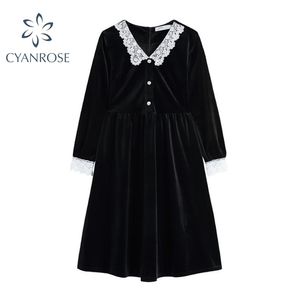 French Retro Dress Women Lace Patchwork Black Velvet V Neck Elegant Party Dresses Lady Button Casual Mid-Calf Vestiods 210515
