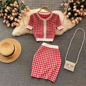 Korean Chic Sweet Knitted Two Piece Set Women Plaid Short Sleeve Sweater Cardigan + Mini Skirt Suits Fashion Casual 2 210514