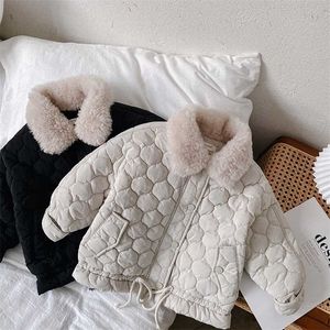 Winter Children Cotton-padded Coats Korean Style Fur Collar Solid Color Unisex Kids Thicken Warm Outerwear 211204