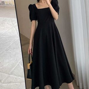 Vestido preto para mulheres 2021 verão retro quadrado colarinho sopro manga longa mulher vestidos vestido de mujer femme robe y1006