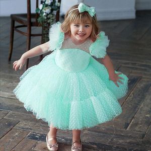 Tjejklänningar Kids Polka Point Princess Ruffle Sleeve Design Tjejer Barn Bridesmaids Vestidos 4-10 år Formell Balll Gown