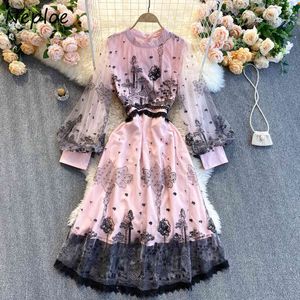 Neploe Heavy Work Flower Embroidery Print Dress Women Mesh Patchwork Dot Long Sleeve Vestidos Spring High Waist Hip Long Robe 210423