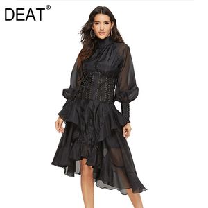 Deat High Collar Lantern Sleeves Vintage Zippers Sashes Ruffles Asymmetrisk Organza Klänning Två bitar Vestido WM50001L 210428