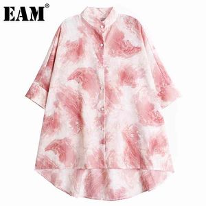 [Eam] Mulheres Vermelho Big Size Imprimir Blusa Suporte Coleira Três Quarto Bat Manga Solta Camisa Moda Primavera Verão 1d7245 21512