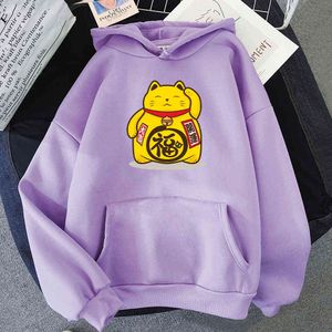 Fortune gato kawaii hoodies enorme impressão hoddies para adolescente estética longa manga streetwear outono inverno moda rosa pulôver y0820
