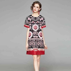 Mulheres Desenhador de Verão Elegante Jacquard Imprimir Vestido Feminino Solto Casual Moda Vintage Manga Curta Party Vestidos Vestidos 210525