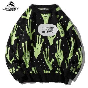 Lindsey Seader tröja män Jumpers Stickad harajuku Alien Hip Hop Streetwear Knitwear Kläder Pullover Oversize Sweaters 210918