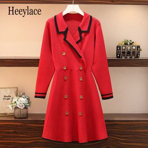 plus size office lady knitted dress 2019 autumn fashion long sleeve double breasted patchwork ladies tunic dress Y1006