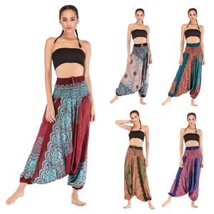 Thailand India Female Casual Loose Big Fork Pants Bohemia Floral Printed Elastici Waist Ladies Lace Up Dance Trouses Harem 210604