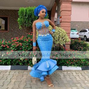 Mermaid Azul Aso Ebi Prom Vestidos Vestidos de Fiesta 2021 Comprimento Africano Mulheres Africanas Vestidos Formal Noite Party