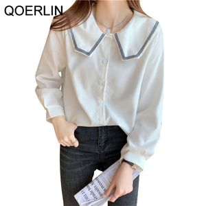 White Chiffon Blouses Single Breasted Long Sleeve Shirt Plus Size Clothing for Women Blouse Tops Retro Solid Blue Casual 210601