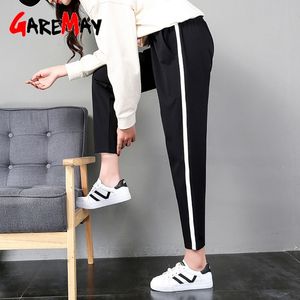 Women's Pants Plus Size Korean Style Motion Elastic Waist SportsTrousers Black White Striped Side Sweatpants Women 210428