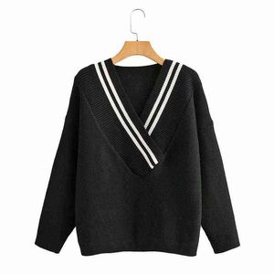 Höst-vinter kvinnor v-nack kontrast färg england stil mode stickad pullover chic lady långärmad patchwork sweater femme y1110