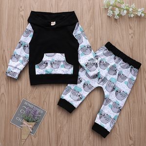 Baby Girls Boys Clothes Sets Spring Autumn Fashion Child Outfits Black Sloth Branch-Printed Long-Sleeve Hoodie Pantsuit Kids Clothing