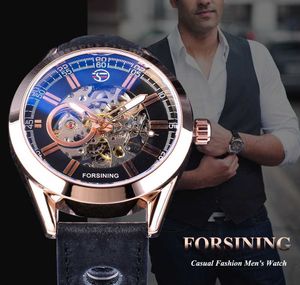 LMJLI -Forsining Rose Golden Case Cintura in vera pelle da uomo Moda da uomo con scheletro automatico meccanico Orologi Top Brand di lusso