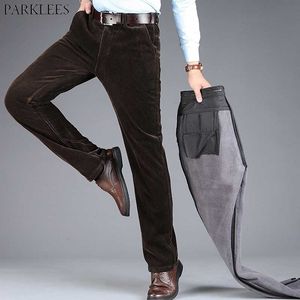 Classic Brown Stretch Corduroy Straight Pants Brand Plus Velvet Thicken Warm Mens Trousers Classic Fit Plain Front Pant 210522