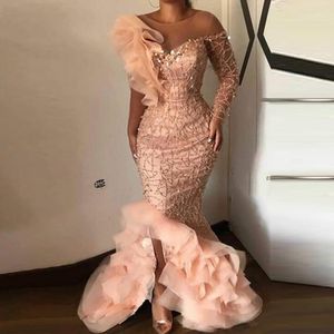 Glitter Sequined 2021 African One Shoulder Prom Dress Sexy Mermaid Bridal Guest Evening Gowns0029