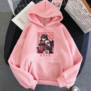 Genshin Impact Beidou Hoodies Женская мода Японский Хокуто Письмо Печатная Одежда Капюшона Корейский Повседневная Зима Теплый Толстовка Y0901