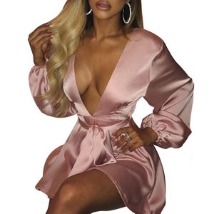 Casual Dresses Summer Fall Women Solid Color Dress With Waistband Plunging V-Neckline Long Sleeve Big Hem Skirt S/ M/ L/ XL Pink/Black