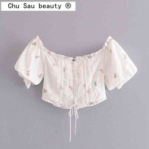 Chu Sau beauty Women Summer Tops Sweet Casual Self-cultivation Straps Shoulder Embroidered Puff Sleeve Short-sleeved Shirt Woman 210508