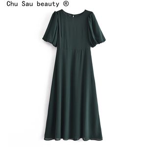 Moda verão estilo vintage cor sólida chiffon midi vestido mulheres casual manga curta o-pescoço vestidos feminino vestidos 210508