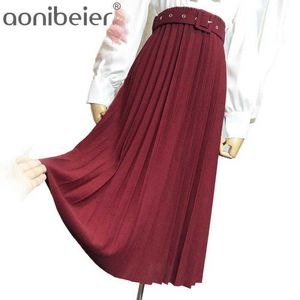Solidna linia spódnica wiosna jesień elastyczna wysoka talii kobiety plisowane kobiet długie s casual huśtawka midi 210604