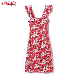 Tangadaファッション女性赤い花プリントストラップのドレスノースリーブの背中のない女性のカジュアルロングドレス6h39 210609