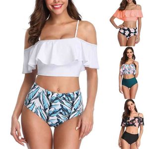 Sexy Off Shoulder Bikini Frauen Blattdruck Bademode Push Up Badeanzug Rüschen Biquini Hohe Taille Bikinis Pad Badeanzug S-2XL 210722