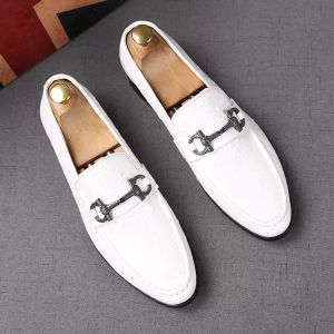 Luxury Style Men's Business Prom Shoes Horsebit white black brown Wedding Pointed Toe Men Flats Loafers Footwear