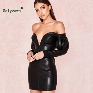 Backless Pu Leather Slim Dress Women Black Tight Party Dress Sexy Deep V Night Club Wear Low Cut Bodycon Dresses Mini Vestidos 210709