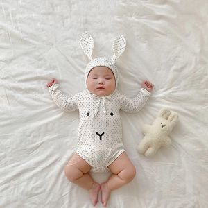 Rompers baby bodysuit + mössa spädbarn flicka pojke polka dot print bodysuits långärmad öron hatt toddler kläder
