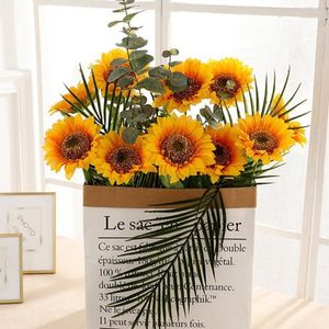 Decorative Flowers & Wreaths Autumn Decoration Yellow Red Silk Cloth Sunflower High-Quality Artificial Sunflowers Bouquet Wedding Flower