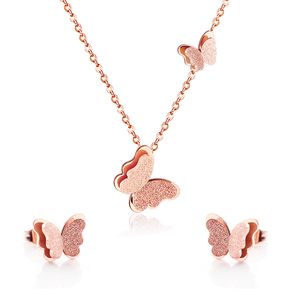 Fashion Butterfly Necklace Cute Style Pendant Necklaces Earrings Sets Stainless Steel Chains Jewelry Set rose gold Color