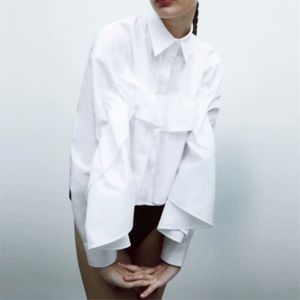 Mulheres verão za branco blusas camisa tops manga longa cascading plufa poplin fêmea casual vintage top túnica roupas blusas 210513