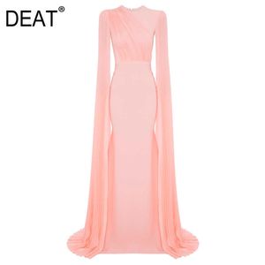 [DEAT] Women Pleated Long Temperament Dress Round Neck Short Sleeve Loose Fit Fashion Spring Summer 13T952 210527