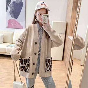 Spring Autumn Sweater Women's Cardigan Coat Loose Long Sleeve Knitted Sweaters Leopard Pockets 210427
